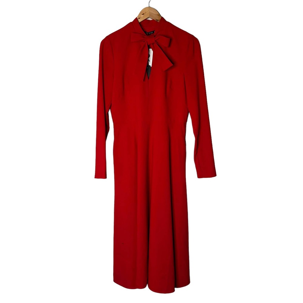 BLACK HALO Dress Size 10 Red Neck Tie Fit and Flare Midi Long Sleeve